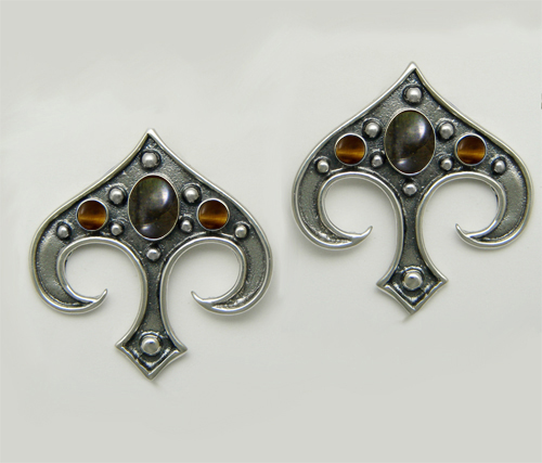 Sterling Silver Gothic Inspired Drop Dangle Earrings With Spectrolite And Tiger Eye